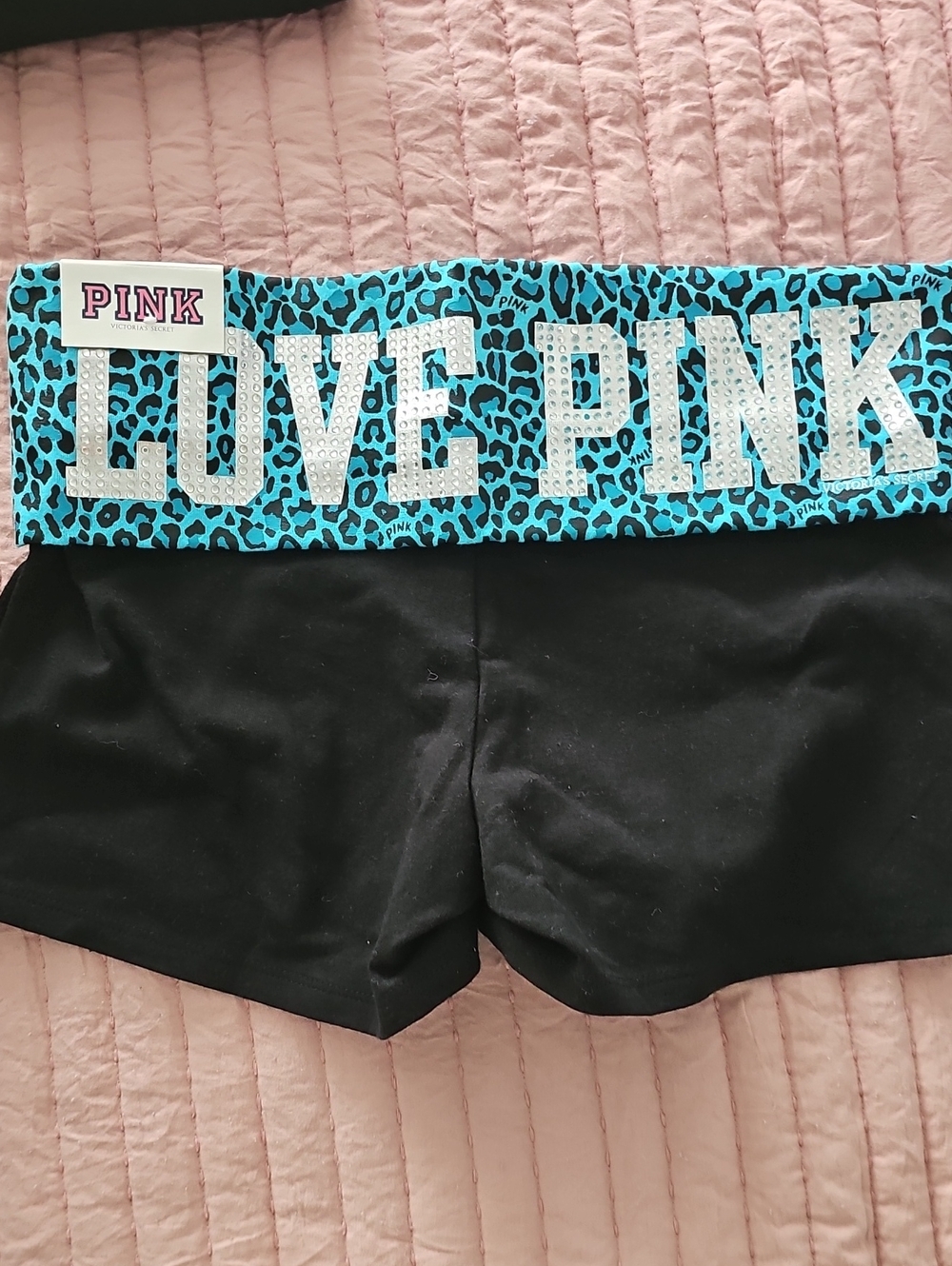 NWT Victoria's Secret PINK Turquoise & Black Leopard Yoga Shorts Sz Small